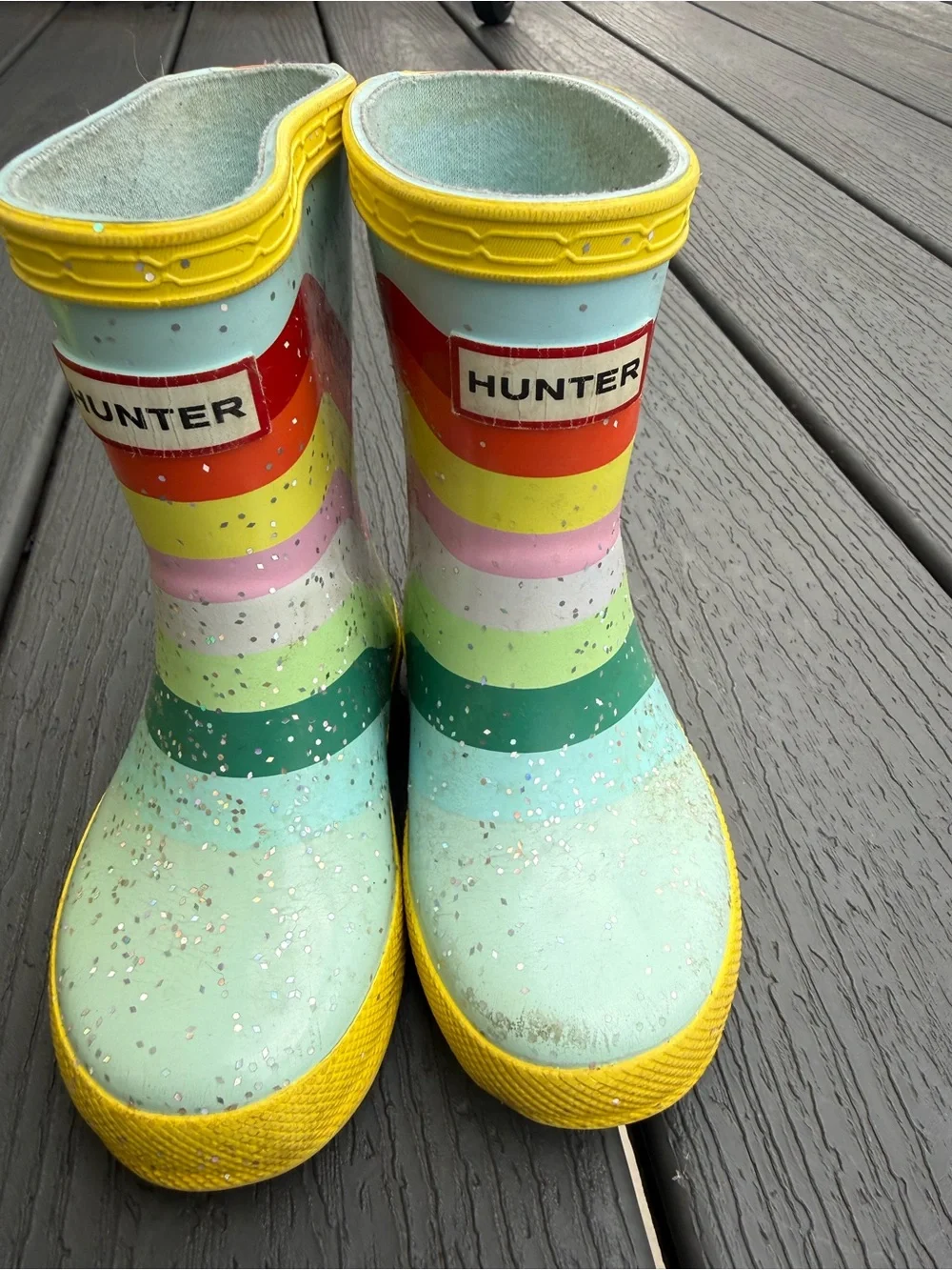 Hunter Kids Multicolor Striped Rain Boots with Yellow Trim